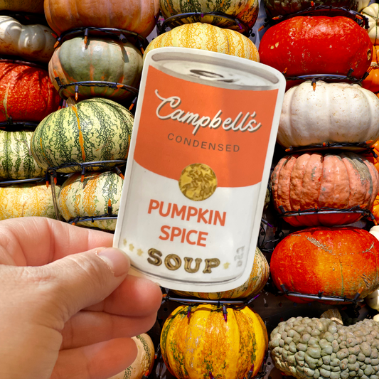 Pumpkin Spice Campbell’s Soup Sticker - Andy Warhol Inspired Matte Vinyl Sticker 4”